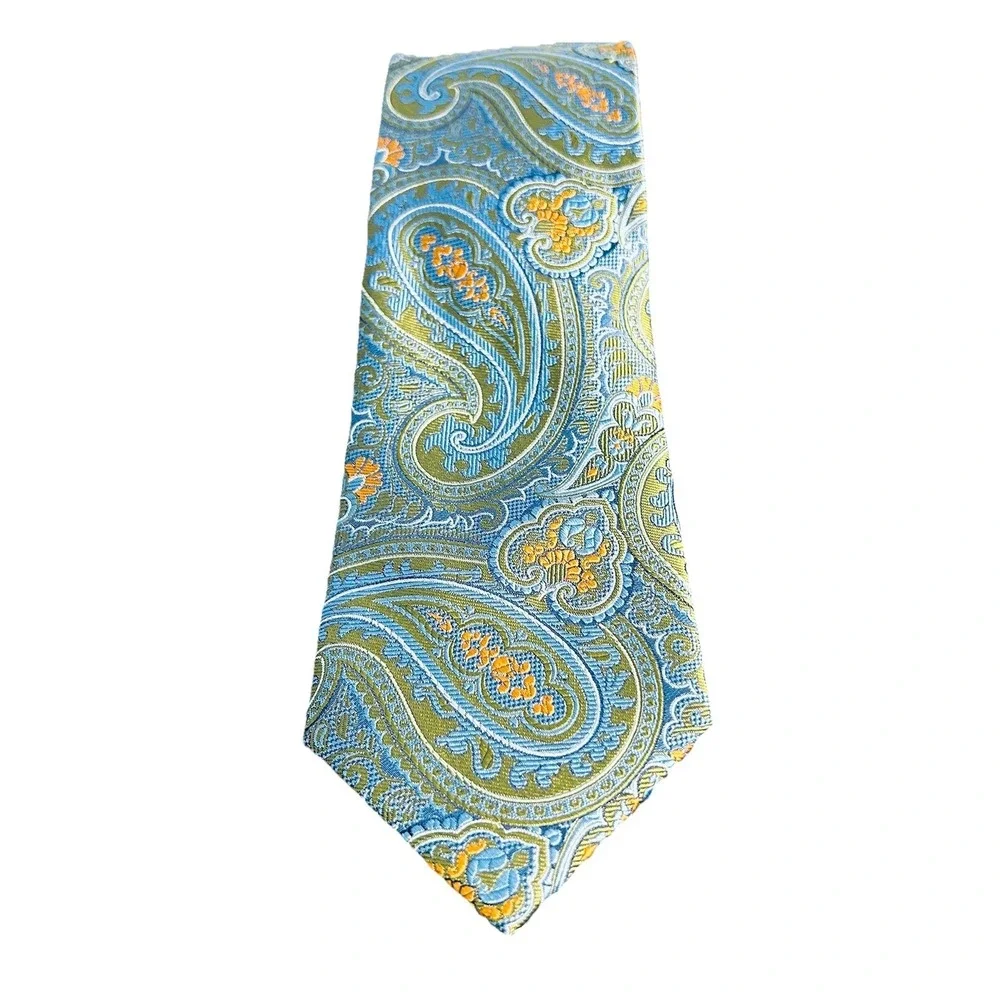 Jos. A. Bank Signature Collection Handmade Silk Paisley Tie Blue Lime Gold NWT